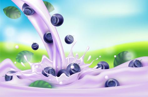 Fruit Forest, Blueberry Milk, Cow Illustration, Milk Flow, Milk Splash, Vector Food, Fruit Illustration, Fruit Cocktails, Bottle Packaging