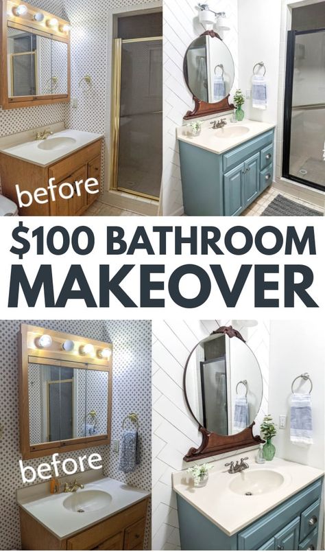 No matter how ugly and dated your bathroom, you can completely update it on a tiny budget! This $100 bathroom makeover completely transformed this room without any complicated demo and layout changes. New paint, a fun wood accent wall, and lots of DIY touches completely updated this master bathroom. Come get inspired to update your own dated bathroom! Bathroom Diy Ideas, Small Bathroom Diy, Bathroom Makeover Ideas, Diy Bathroom Makeover, Old Bathroom, Bathroom Makeovers, Cheap Bathrooms, Small Bathroom Makeover, Small Bathroom Ideas On A Budget