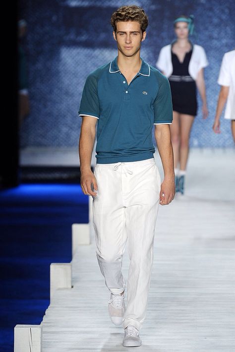 Lacoste Teal Polo c White Trousers Lacoste Outfits For Men, Lacoste Outfit, Ryan Taylor, Sneakers Outfit Men, Cafe Royal, Lacoste Sneakers, Outfits For Men, White Trousers, British Vogue