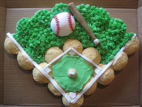 Baseball Cupcake Cakes, Baseball Desserts, Baseball Cupcakes, Pull Apart Cupcake Cake, Pull Apart Cake, Baseball Cake, Pull Apart Cupcakes, Sport Cakes, Baseball Birthday