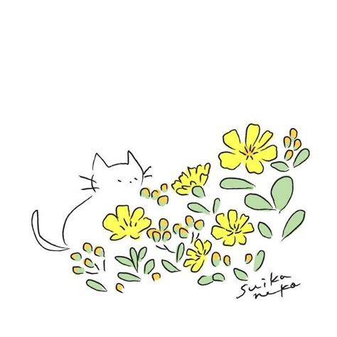 Cat And Flowers Illustration, Flower Cat Drawing, Cat And Flowers Drawing, Cat With Flowers Drawing, Cute Plant Doodles, Flowers Doodles, Cute Flower Drawing, Cat And Flowers, Illusion Tattoos