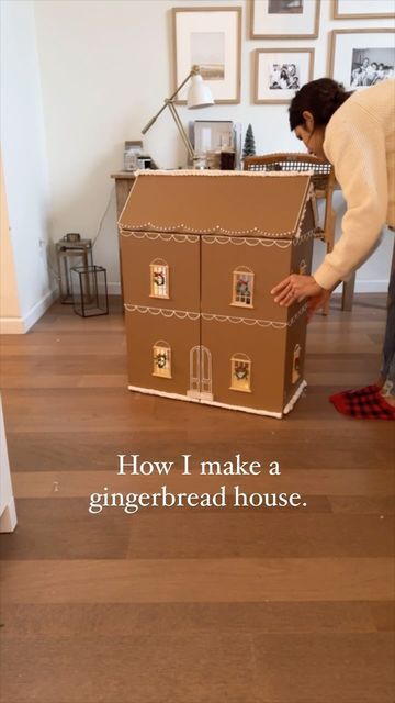 Gingerbread Dollhouse Makeover, Christmas Doll House Diy, Tissue Box Gingerbread House, Diy Faux Gingerbread House, Christmas Dollhouse Diy, Dollhouse Into Gingerbread House, Gingerbread Dollhouse, Dollar Tree Doll House Gingerbread, Cube Shelf