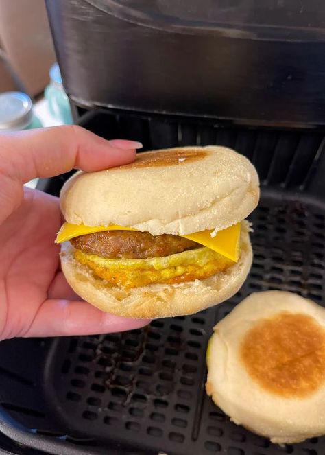 Air Fryer Sausage Mcmuffin, Air Fryer English Muffin Breakfast, Air Fryer English Muffin, My Air Fryer Kitchen, Air Fryer Kitchen, Sausage And Egg Mcmuffin, Air Fryer Cake Recipes, Air Fryer Breakfast, Air Fryer Recipes Dessert