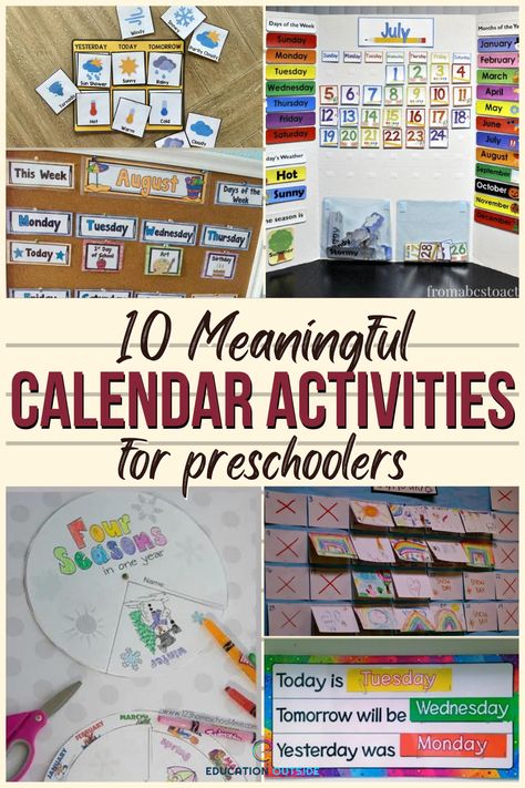 The use of calendars in preschool is crucial to learning about time. Since time is not tangible, children need to understand its idea and make connections in their daily lives for it to make sense. Here are ten meaningful calendar activities that will help children learn more about the topic. Learning The Calendar Activities, Calendar Activities Preschool, Pre K Worksheets, Child Plan, Calendar Activities, Calendar Time, Activities For Preschool, Teaching Time, Number Activities