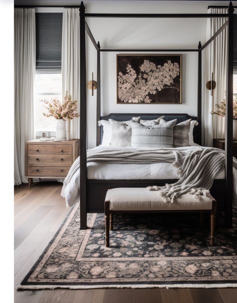 Moody Bedroom Four Poster Bed, Bedroom Four Poster Bed, Four Poster Bedroom Ideas, Canopy Bed Black, Four Poster Bedroom, 4 Poster Beds, Moody Bedroom, Four Poster Bed, Four Poster