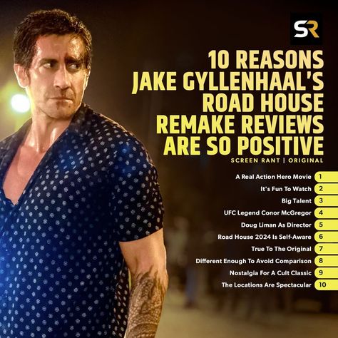 #RoadHouse 2024 is rating better than its 1989 predecessor on Rotten Tomatoes. 🍅 The movie stays true to the original concept but introduces modern elements to the storyline while #JakeGyllenhaal and #ConorMcGregor lead a talented cast. 🎬 Roadhouse 2024, Billy Magnussen, Kevin Tighe, The Bourne Identity, Edge Of Tomorrow, Best Action Movies, Jessica Williams, Road House, Ufc Fighter