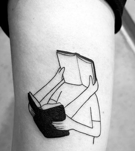 Book Tattoo Designs Drawings, Tattoos About Reading, Geometric Book Tattoo, Book Tattoo Ideas For Men, Bookcase Tattoo, Book Reader Tattoo Ideas, Books Tattoo Design, Reading Book Tattoo, Tattoos For Writers