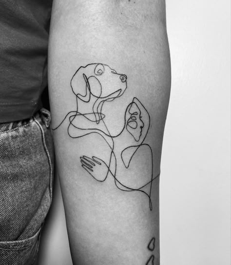 Dog tattoo girl forearm Animal Tattoos For Couples, Fine Line Dog Paw Tattoo, Fine Line Dog Paw Print Tattoo, Line Tattoo Minimalist, Line Dog Tattoo, Finn Tattoo, Fine Line Dog Tattoo, Kai Tattoo, Enrichment Dog