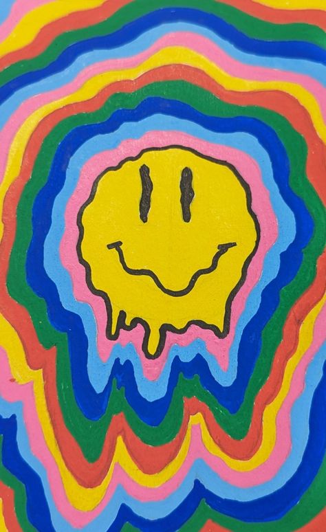 Drippy Paintings Ideas, Trippy Drippy Art, Trippy Smiley Face, Drippy Smiley Face, Workshop Painting, Rainbow Smiley Face, Trippy Rainbow, Ep Cover, Sip N Paint