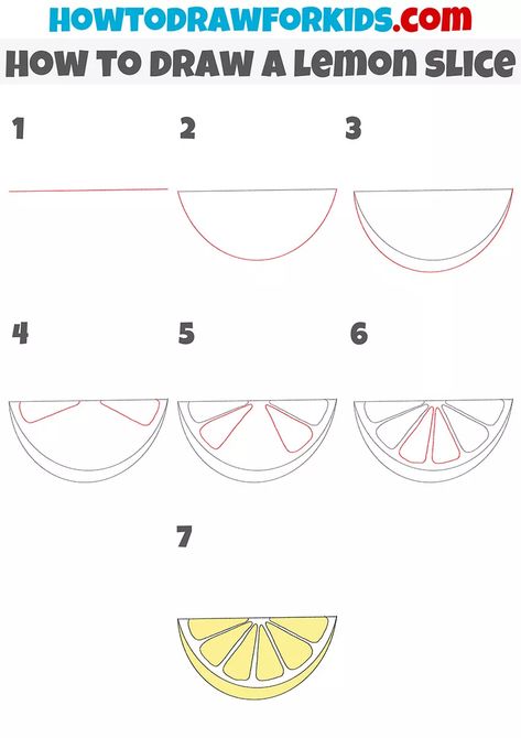 How To Draw Lemon Slices, Fruit Slices Drawing, Drawing Lemons Easy, How To Draw Lemons Easy, Lemon Slices Drawing, Lemon Doodle Drawing, How To Draw Orange Step By Step, Simple Lemon Drawing, How To Draw A Watermelon