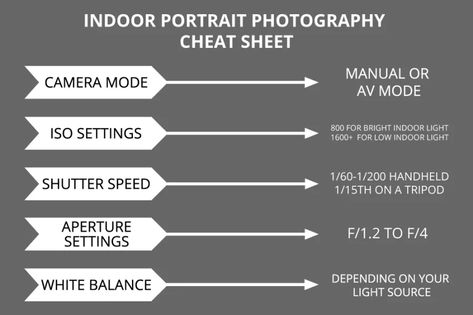 Photography Cheat Sheet: An Easy Guide to Shooting Portraits Indoors Indoor Photography Settings, Canon Camera Settings, Indoor Photography Tips, Camera Settings Cheat Sheet, Photography Cheat Sheet, Rodney Smith, Outdoor Portrait Photography, Dslr Photography Tips, Photography Settings