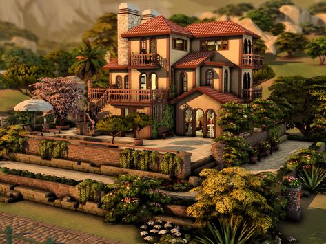 Ts4 Mediterranean House, Sims 4 Mediterranean Mansion, Sims 4 Medditeranean House, Sims 4 Italy Cc, Italian House Sims 4, Sims 4 Italian Villa, Sims 4 Italy, Italian Bloxburg House, Sims 4 Tartosa House