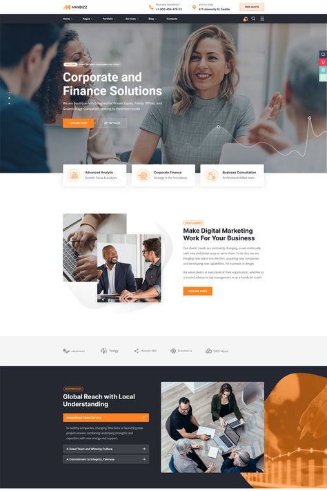 The Maxbizz theme is a WordPress theme designed for consulting and financial websites. Built with the Elementor page builder, it offers a range of features and customization options to help you create a professional and modern website for your consulting or financial business. Finance Website Design Inspiration, Investment Website Design, Financial Website Design, Website Home Page Design, Consulting Website Design, Business Consulting Website, Minimalist Website Design, About Website Design, Events Website