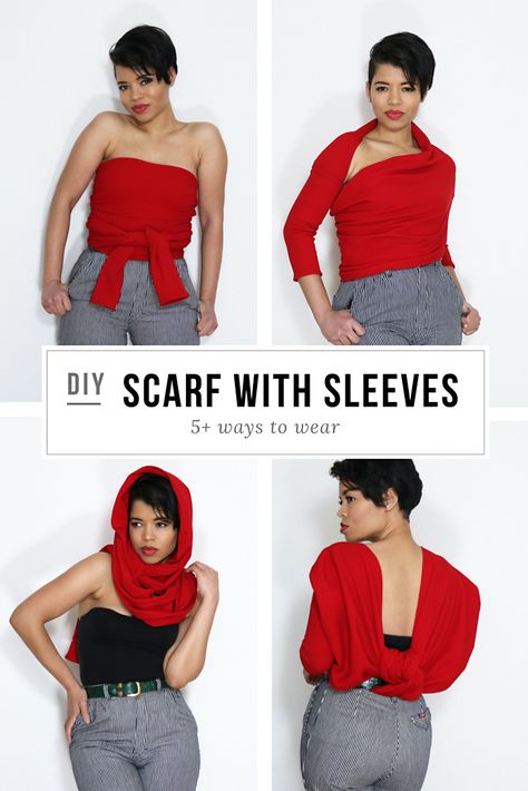 [VIDEO] DIY Scarf with Sleeves | 5+ Ways to Wear | Paper Michey How To Wear A Scarf As A Top, Sleeves Tutorial, Scarf With Sleeves, Diy Shawl, Scarf Wearing Styles, Magic Skirt, Clothes Sweater, Diy Sweater, Scarf Knit