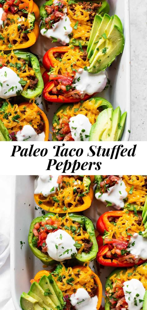 Paleo Mexican Recipes, Paleo Stuffed Peppers, Paleo Taco, Greek Stuffed Peppers, Paleo Tacos, Paleo Running Momma, Stuffed Peppers Beef, Taco Stuffed Peppers, Super Easy Dinner