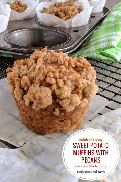 Easy sweet potato muffins with pecans and crumble topping. Sweet Potato Pecan Muffins, Muffins With Pecans, Cinnamon Crumble Topping, Sweet Potato Cupcakes, Buttermilk Muffins, Sweet Potato Pecan, Easy Sweet Potato, Pecan Muffins, Crumb Muffins