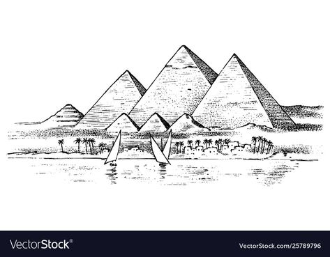 Pyramids Drawing Sketch, Great Sphinx Of Giza Drawing, Pyramids Egypt Drawing, Egyptian Pyramids Drawing, Pyramids Of Giza Drawing, Pyramid Of Giza Drawing, Pyramids Egypt Tattoo Design, Pyramid Sketch, Sphinx Drawing