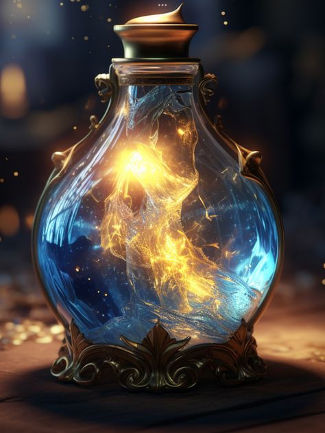 Magical Bottle, Time Powers Magic, Fantasy Magic Item Art, Magical Potion, Magical Item, Potion Aesthetic, Gold Potion Aesthetic, Potion Bottles Aesthetic, Blue Alchemy Aesthetic