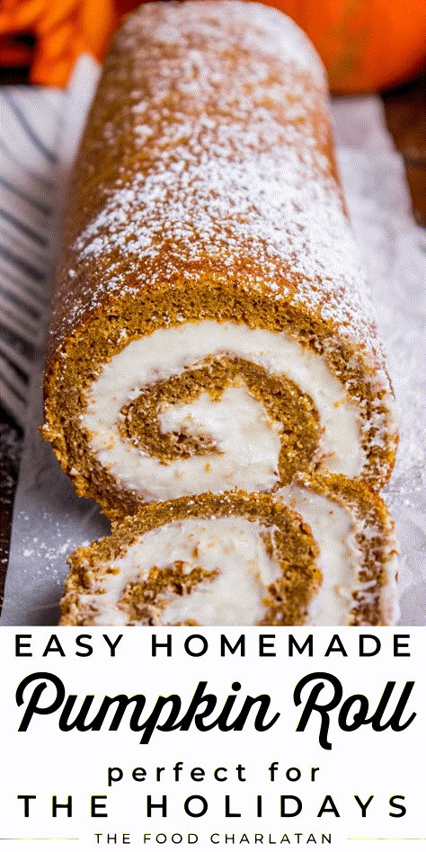 Pumpkin Cream Cheese Roll from The Food Charlatan. This easy Pumpkin Roll recipe is so impressive and delicious! It's a classic fall and Thanksgiving dessert that you definitely need to make this year. I used LOTS of cream cheese frosting so that it's super moist! I know it looks super intimidating but I promise, if I can do it, you can do it. I'll show you how to make sure it turns out perfectly. Once the leaves start falling it's time to grab a can of pumpkin and get baking - who's with me?? Homemade Pumpkin Roll, Easy Pumpkin Roll Recipe, Easy Pumpkin Roll, Pumpkin Cream Cheese Roll, Pumpkin Roll Recipe Easy, Pumpkin Roll Recipe, Pumpkin Roll Cake, Best Pumpkin Recipes, Pumpkin Rolls Recipe