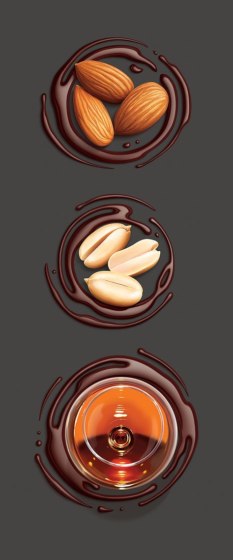 Illustration of almonds, peanuts and rum with chocolate on Behance Chocolate Illustration Design, Almond Illustration Design, Chocolate Logo Design Creative, Chocolate Poster Design Ideas, Almonds Illustration, Almond Illustration, Chocolate Packaging Ideas, Peanut Illustration, Chocolate Ads