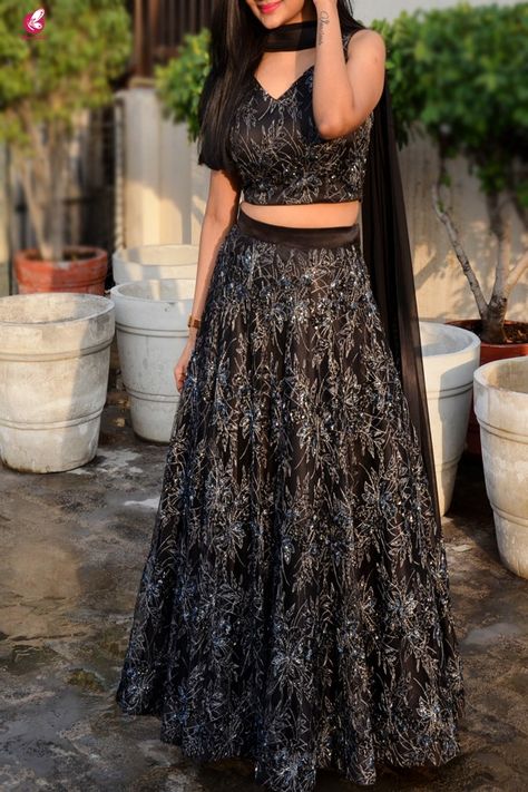 Black Embroidered Net Lehenga with Padded Blouse and Cut Work Stole Lehenga Blouse Designs Crop Tops Sleeveless, Sleeveless Crop Top Lehenga, Black Crop Top Lehenga, Black Net Lehenga, Lehanga Blouses Modern Design, Colorful Prom Dresses, Lengha Blouse Designs, Long Anarkali Gown, Netted Blouse Designs