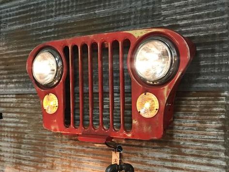 Jeep Wall Art, Jeep Grill Wall Art, Steampunk Ceiling, Steampunk Desk, Steampunk Table, Steampunk Wall, Garage Furniture, Car Part Furniture, Steampunk Industrial