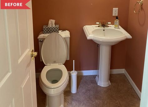 Before: Half bathroom with dark orange walls, white pedestal sink, and beige floors Grey Tile Pattern, Dark Grout, Ikea Pax Hack, Cement Tile Floor, Bold Tile, Fen Shui, Watercolor Art Face, Bathroom Apartment, Ikea Pax Wardrobe