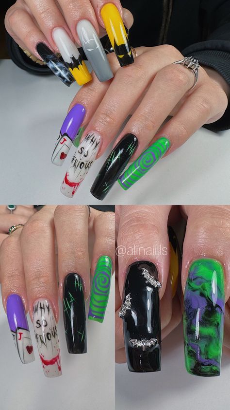 Batman Nail Art, Batman Nails, Back To School Nails, Girly Acrylic Nails, Glow Nails, School Nails, How To Do Nails, Nail Inspo, Acrylic Nails