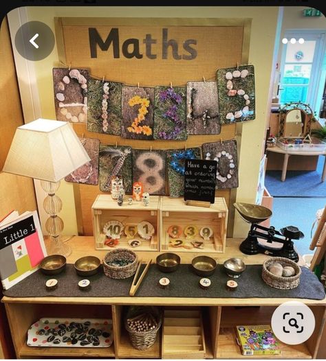 Reggio Inspired Maths Area, Natural Maths Display Eyfs, Early Years Numeracy Area, Nursery Maths Display, Reggio Maths Area, Nursery Maths Area, Maths Area Nursery, Maths Display Eyfs, Eyfs Maths Area