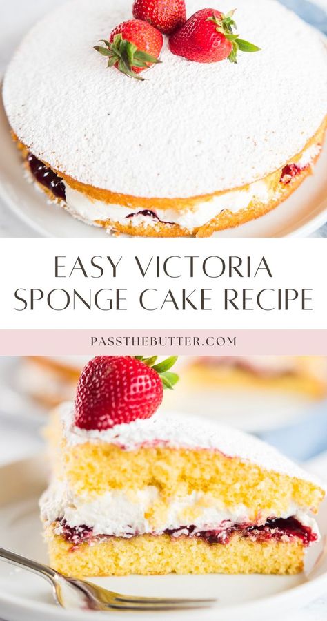 Make a victorian sponge cake, also known as a victoria sandwich cake, with this easy recipe. It's known as the easiest cake to make for good reason. This classic victoria sponge cake is moist, light, and delicious, making it a perfect treat for any occasion. Whether you're a beginner or an experienced baker, this recipe guides you through the simple steps to create a beautifully layered cake filled with jam and cream. British Sponge Cake Recipe, Victorian Sponge Cake Recipe, Light Birthday Cake, Victorian Sponge Cake, Sponge Cake Recipe Best, Victorian Sponge, Sandwich Cake Recipe, Victoria Sponge Cake Recipe, Easy Sponge Cake Recipe