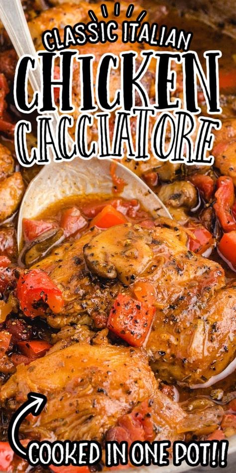 This authentic Italian chicken cacciatore dish is a tender, juicy chicken sauteed in a tasty white wine tomato sauce that is perfect served over pasta. Chicken Cattitore, Chicken Caccitore, Chicken Tomato Sauce, Italian Chicken Cacciatore, Chicken Thigh Recipe, Cacciatore Recipes, Chicken Cacciatore Recipe, Sheet Pan Dinners Chicken, Chicken Drumstick Recipes