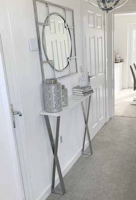 Grey And White Hallway, Narrow Hallway Table, White Console Table, Narrow Hallway Decorating, Marble Console Table, Narrow Console Table, Hallway Designs, Hallway Table, Small Hallways