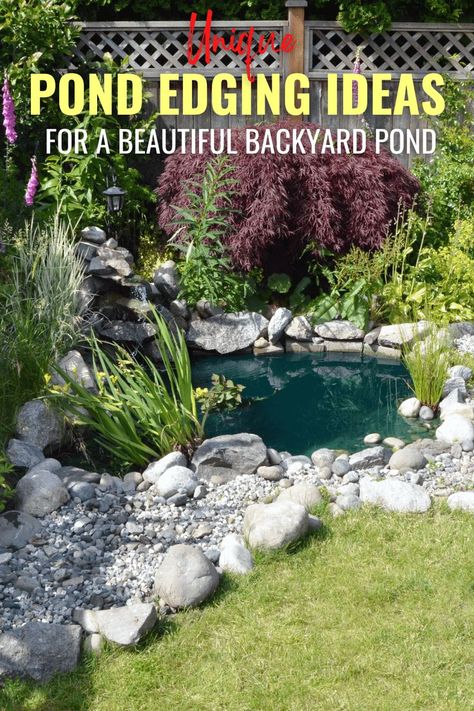 Pond Edging Ideas Small Pond Design Ideas, Ornamental Ponds Garden Ideas, Cottage Pond Ideas, Pond Area Ideas, Pond Rocks Landscaping Ideas, Garden Pond Edging Ideas, Cottage Garden Pond Ideas, Pond Landscape Ideas, Landscape Around Pond