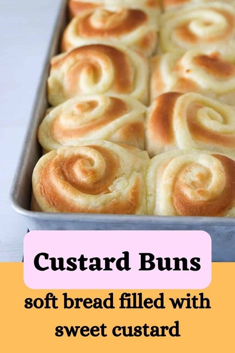 Custard buns are soft milk bread filled with a creamy custard filling in the centers. They are delightful soft buns that make perfect snacks or breakfasts. #custardbread #asiansweetbread Everyday Bread Recipe, Homemade Hawaiian Rolls, Soft Milk Bread, Food Rolls, Perfect Snacks, Custard Buns, Milk Bread Recipe, Bread Yeast, Soft Milk