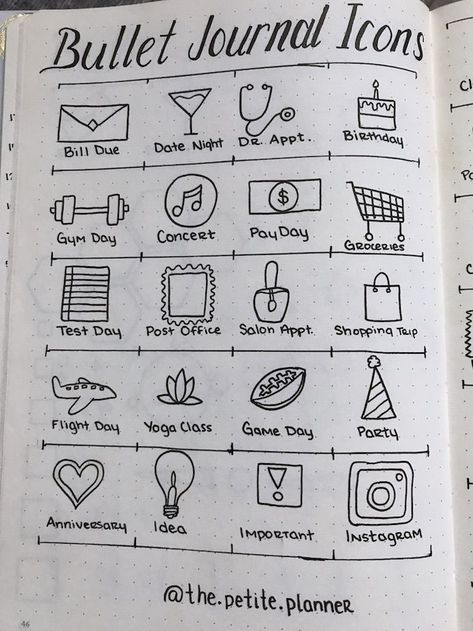 Planning Icons for Your Bullet Journal Bullet Journal Icons, Journal D'inspiration, Sketch Note, Bullet Journal 2019, Bullet Journal Mood, Bullet Journal Notebook, Dot Journals, Bullet Journal Writing, Bullet Journal Spread