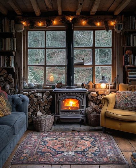 Rural Retreats Woodstoves In Living Rooms, Rustic Playroom, Chalet Fireplace, Irish Cottage Interiors, Tiny Cabins Interiors, Cottagecore Cabin, Mini Cabins, How To Build A Log Cabin, Cabin Getaway