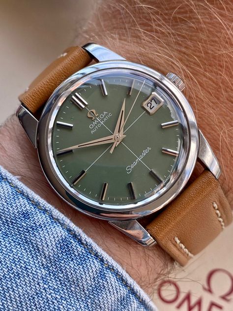 Omega Automatic Seamaster Olive Green Dial St Vintage Dress Watches For Men, Green Dial Watch Men, Men’s Watch, Omega Watch Mens, Green Watch Men, Green Dial Watch, Omega Automatic, Stylish Watches Men, Green Watch