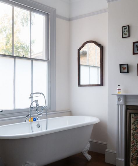 Victorian bath, with traditional feet, centred under sash window. Bathtub Under Window, Bath Under Window, Victorian Bath, Sash Window, Bedroom With Bath, Victorian Bathroom, Dream Bath, Roll Top Bath, Cool Mirrors