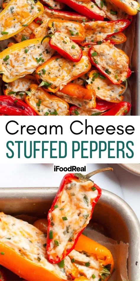 Cream Cheese Stuffed Mini Peppers is an easy appetizer recipe with only 6 ingredients and ready in 25 minutes. Baked Stuffed Mini Sweet Peppers, Grilled Peppers With Cream Cheese, Mini Red Pepper Recipes, Cream Cheese Chicken Stuffed Peppers, Easy Stuffed Mini Peppers, Crab And Cheese Stuffed Mini Peppers, Stuffed Snacking Peppers, Stuffed Snack Peppers, Baked Stuffed Mini Peppers