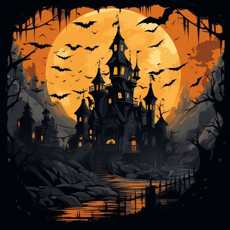 Haunted house silhouetted against an orange moon Haunted House Pumpkin Painting, Halloween House Illustration, Halloween Sketchbook, Haunted House Art, Spooky Watercolor, Haunted House Drawing, Haunted Castles, A Ghost Story, Spooky Haunted House