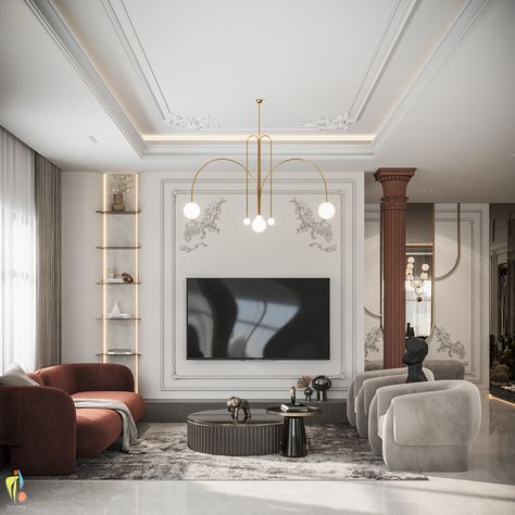 REC. DES. on Behance French Tv Wall Design, Neo Classic Tv Wall Design, Classic Tv Room, Victorian Ceiling Design, Tv Zone Interior Design, French Colonial Interior, Classic Tv Wall Design, Neoclassic Living Room, Classic Tv Wall