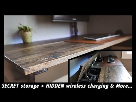 DIY - The CLEANEST desk set-up/build ever! Space saver hidden storage and wireless charging! - YouTube Hidden Laptop Storage, Power Bar, Hidden Hinges, Clean Desk, Computer Station, Diy Laptop, Secret Storage, Laptop Storage, Secret Door