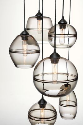 Modern Banded diameterond Pendant Lights with Round Ceiling Plate - Set of Three in Glass in Smoke Bachelor Pad Design, Hand Blown Glass Lighting, Southwest Modern, Art Deco Lights, Entryway Tile, Blown Glass Lighting, Modern Hanging Lights, Glass Art Design, Round Ceiling