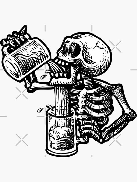 Skull Drinking Tattoo, Flash Art Tattoos, Beer Tattoos, Irezumi Tattoos, Skeleton Art, Tattoo Life, Tattoo Flash Art, Flash Art, Tattoo Design Drawings