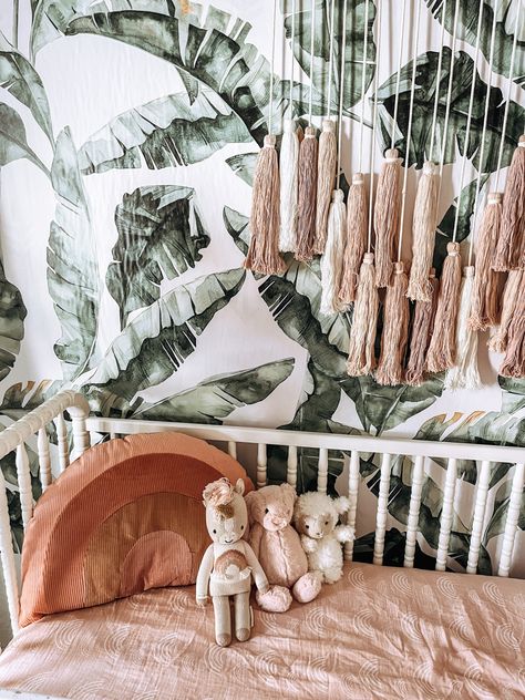 Tropical Theme Nursery, Costa Rica Nursery, Palm Nursery, Tropical Nursery Theme, Pink Jungle Nursery, Nursery Plants, Palm Leaf Nursery, Boho Jungle Nursery, Hawaii Themed Nursery