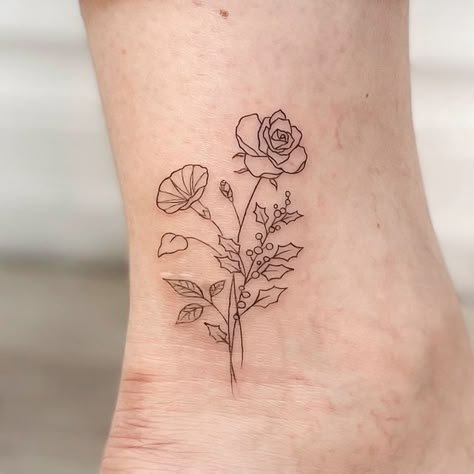 Rose And Morning Glory Flower Tattoo, Flower Tribute Tattoo, Small Primrose Flower Tattoo, Small Morning Glory Flower Tattoo, Rose And Holly Tattoo, Primrose Tattoo Simple, Poppy And Holly Flower Tattoo, Holly And Rose Tattoo, Rose And Morning Glory Tattoo