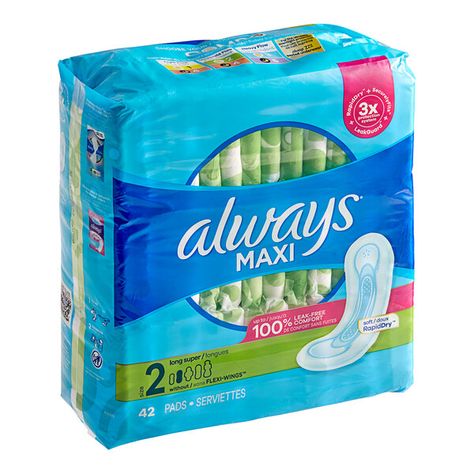 Offer guests ultimate comfort and protection with this Always Maxi 42-count unscented menstrual pad without wings size 2 long super. With its 3X Protection System, this pad provides up to 100% leak-free comfort. With RapidDRY, this pad wicks away moisture in seconds. The LeakGUARD locks in leaks for long-lasting use, while OdorLOCK neutralizes odors to keep its wearer feeling fresh all day.   This long super size 2 pad is ideal for daytime use and works best against moderate flow. With no wings Pads Always, Hersey Park, Emergency Pouch, Tyler Concert, Obx Clothes, College Basket, Always Maxi Pads, Hygiene Shopping, Always Pads