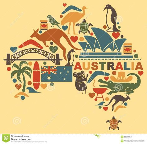 Australian Icons In The Form Of A Map - Download From Over 58 Million High Quality Stock Photos, Images, Vectors. Sign up for FREE today. Image: 68562454 Australian Culture, Australian Icons, Australia Animals, Harbour Bridge, Australia Map, Illustrated Map, Watercolor Animals, Australia Travel, Free Illustrations