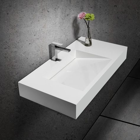 Wall-Hung Stone Resin Rectangle Bathroom Ramped Sink in Matte White or Glossy White  homery.com $399 Wall Mounted Sink, Steam Showers Bathroom, Stone Sink, White Sink, Bath Faucet, Bad Design, White Bathroom, Diy Bathroom, Glossy White