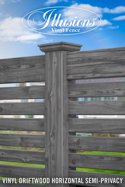 Farmhouse Fencing Ideas, Semi Privacy Fence, Gray Fence, Wood Grain Vinyl Fence, Pool Fencing, Fence Designs, Privacy Fence Designs, Vinyl Wood, Horizontal Fence